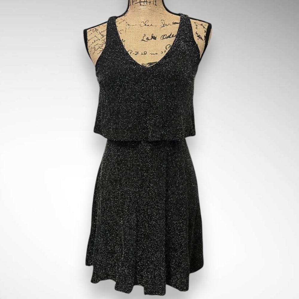 EXPRESS Black Silver Sparkly Sleeveless Popover Style Mini Dress XS | NWT